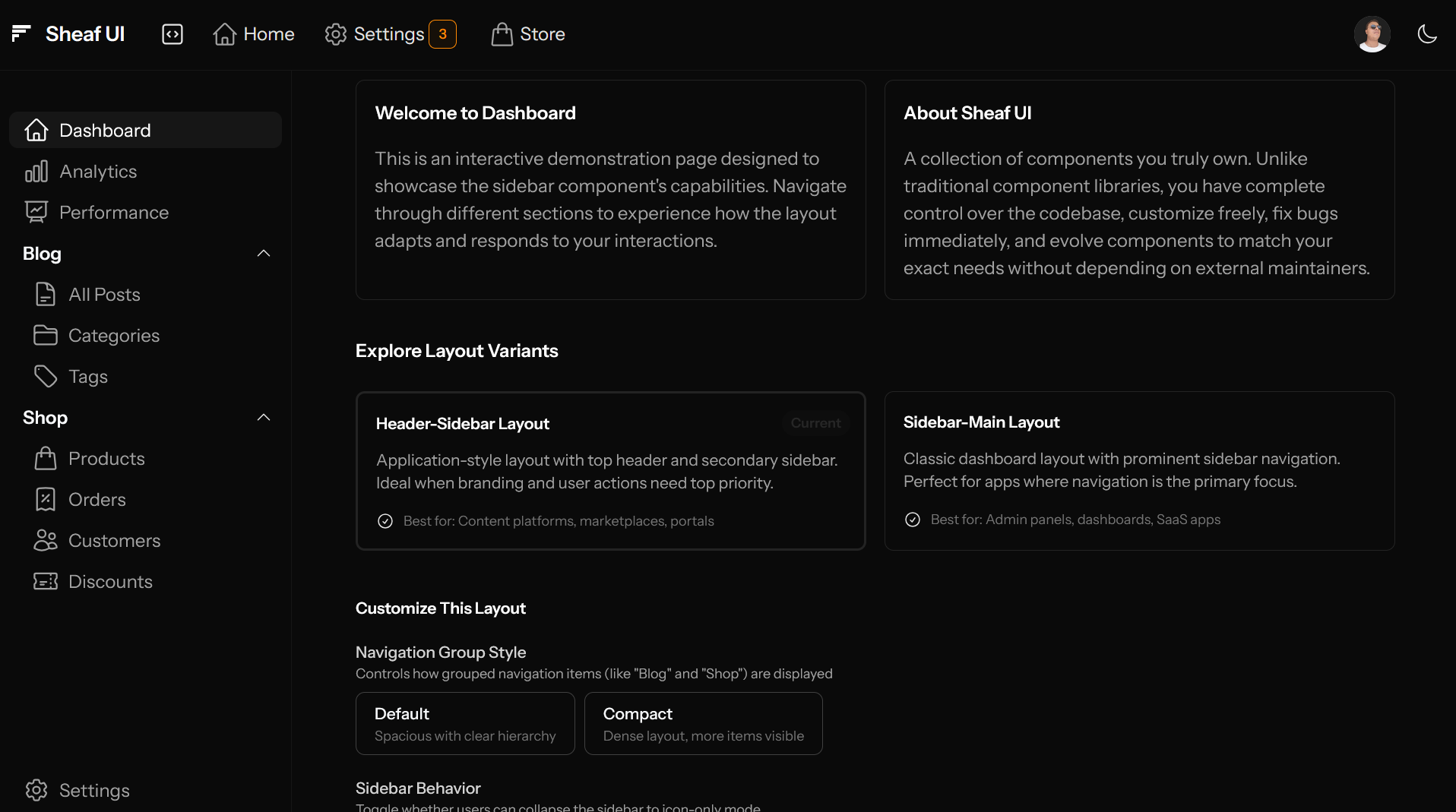Header-sidebar layout with top header and secondary sidebar