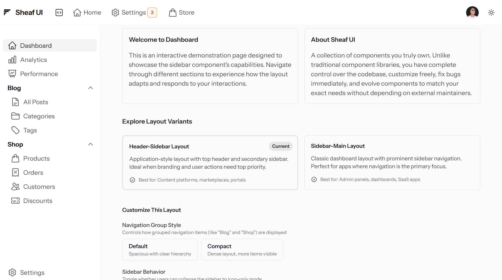 Header-sidebar layout with top header and secondary sidebar